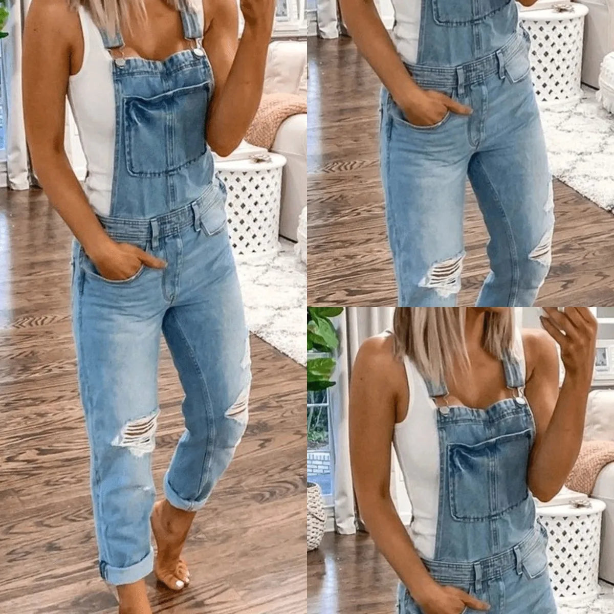 Women Ripped Denim Overalls Adjustable Strap Bib Overall Jeans Distressed Roll Cuff Casual Jumpsuit Vintage Loose Fit Pocket Workwear Streetwear Daily Vacation Denim Pants