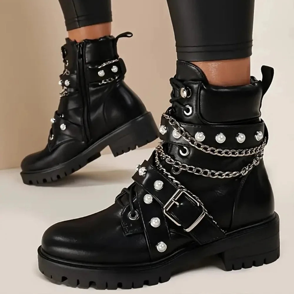 Women's Y2k Gothic Black Punk Lace Up Combat Boots Fashion Chain Rivet Decoration Motorcycle Ankle Boots