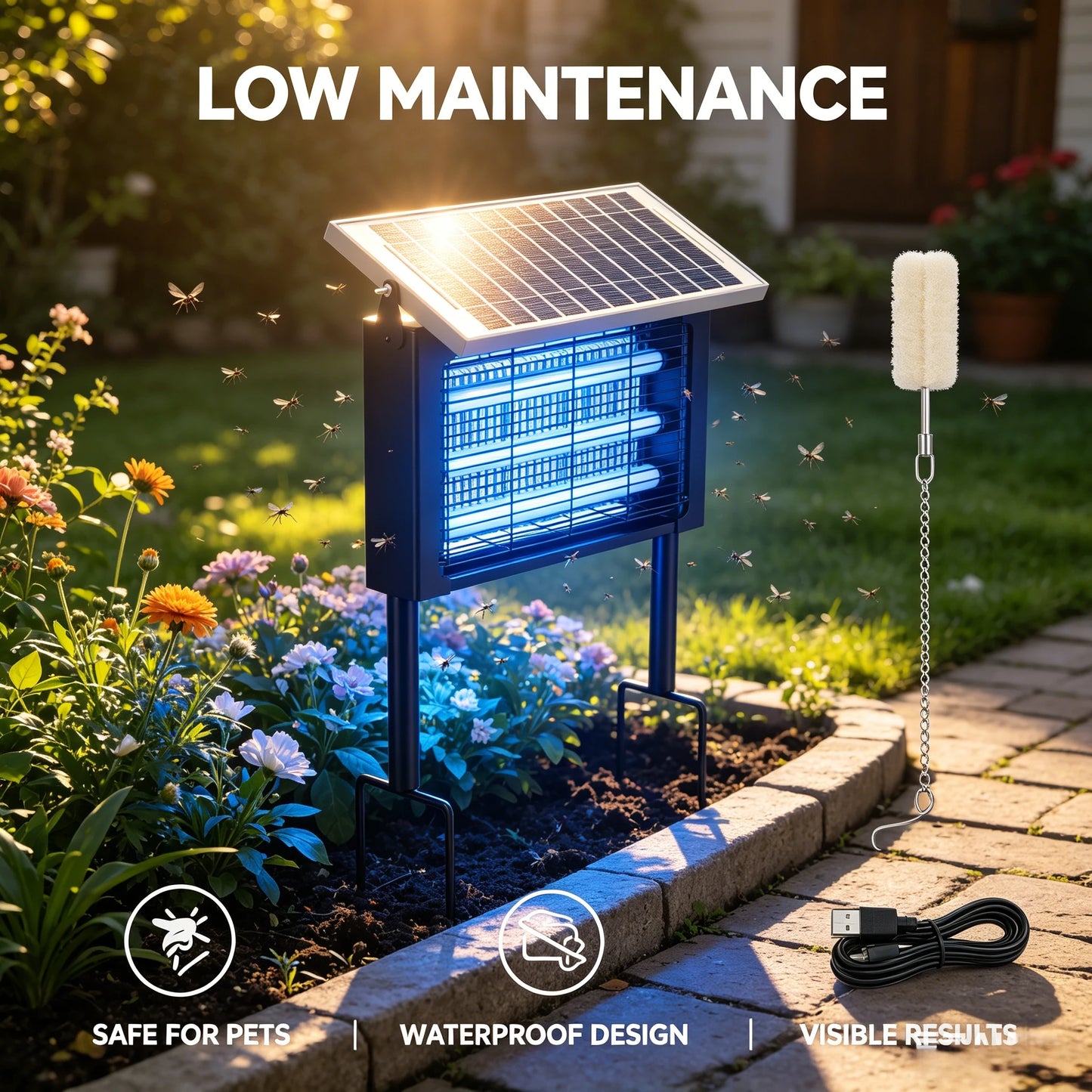 Solar Bug Zapper Outdoor, 3 Tube UV Light Insect Killer, IP45 Waterproof, USB-C Backup, Garden Mosquito Trap