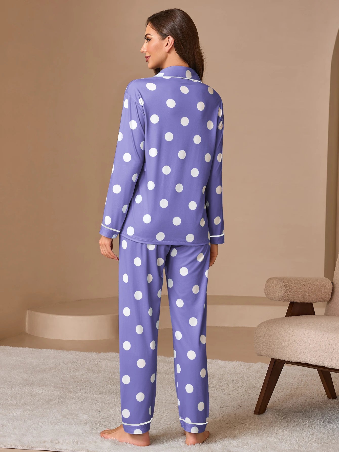 2PCS Womens Spot Print Pajama Sets Pj Set Cute Long Sleeve Button Down Shirt With Long Pants
