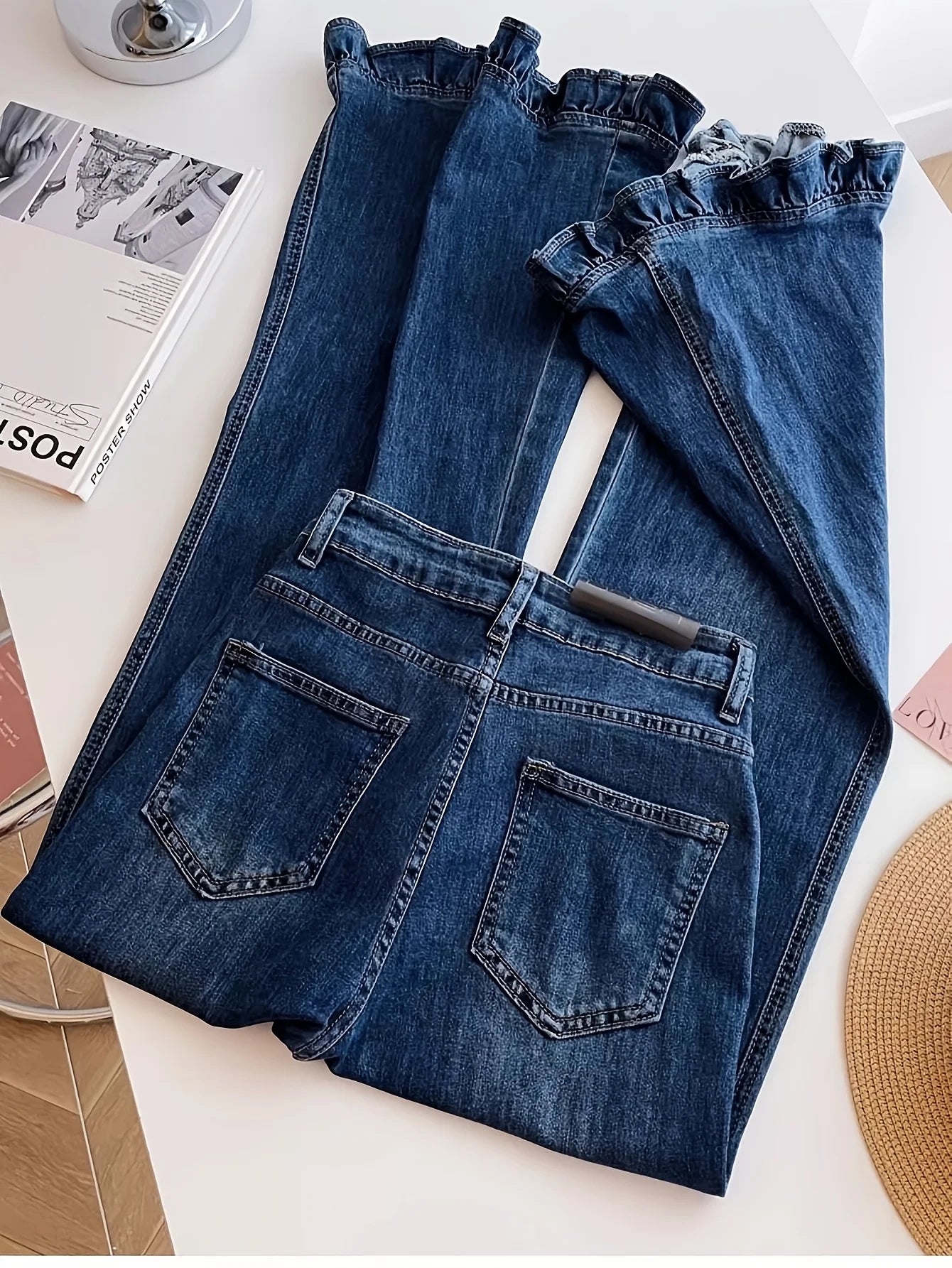 Ruffle Hem Flared Denim Jeans High Waist Casual Daily Wear All Season Women's Pants Trousers