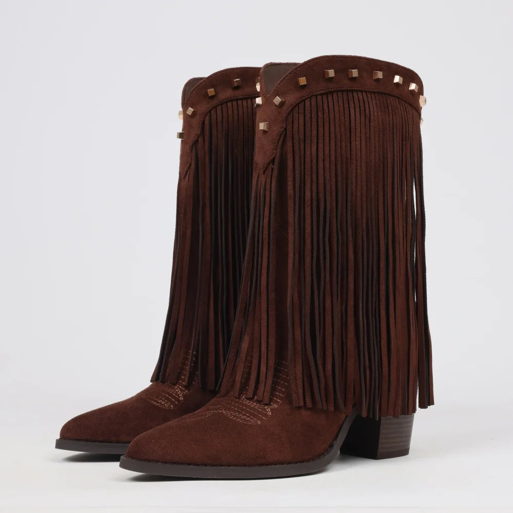Fringe Cowgirl Boots for Women Mid Calf Riding Cowboy Tassel Boots with Pointed Toe and Chunky Heel Country Retro Boots