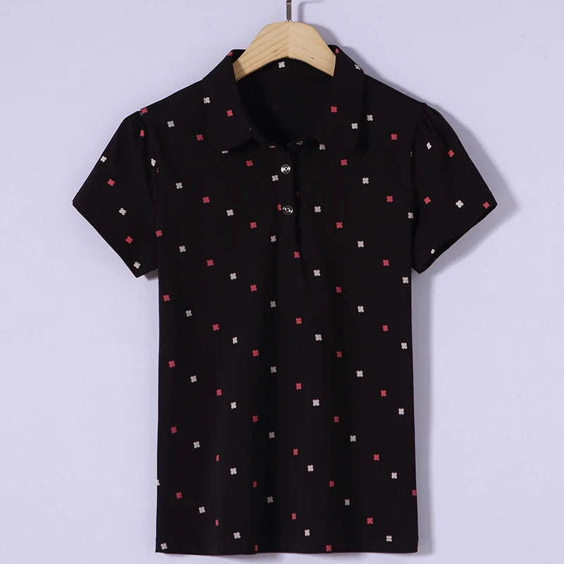 Women's Summer Cotton Shirt - Slim Fit Foldable Flip Collar Short Sleeve Printed Casual Top Trendy Button Design Fashion