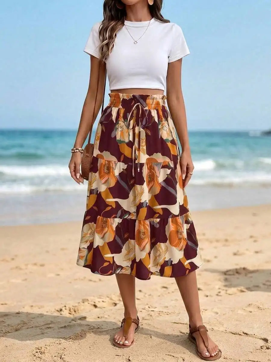 Boho Floral Print Tiered Ruffle Midi Skirt Women High Waist Elastic A-Line Flowy Summer Skirt