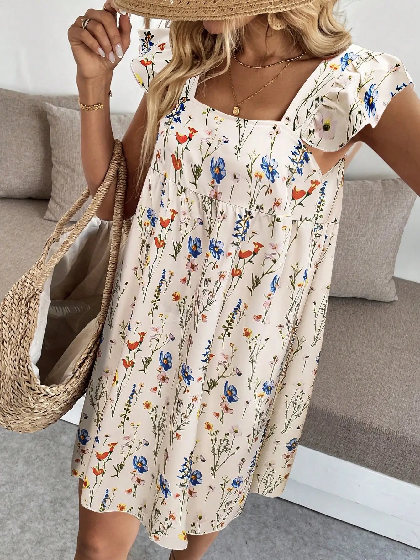 Women Floral Print Square Neck A-Line Short Dress Casual Summer Holiday