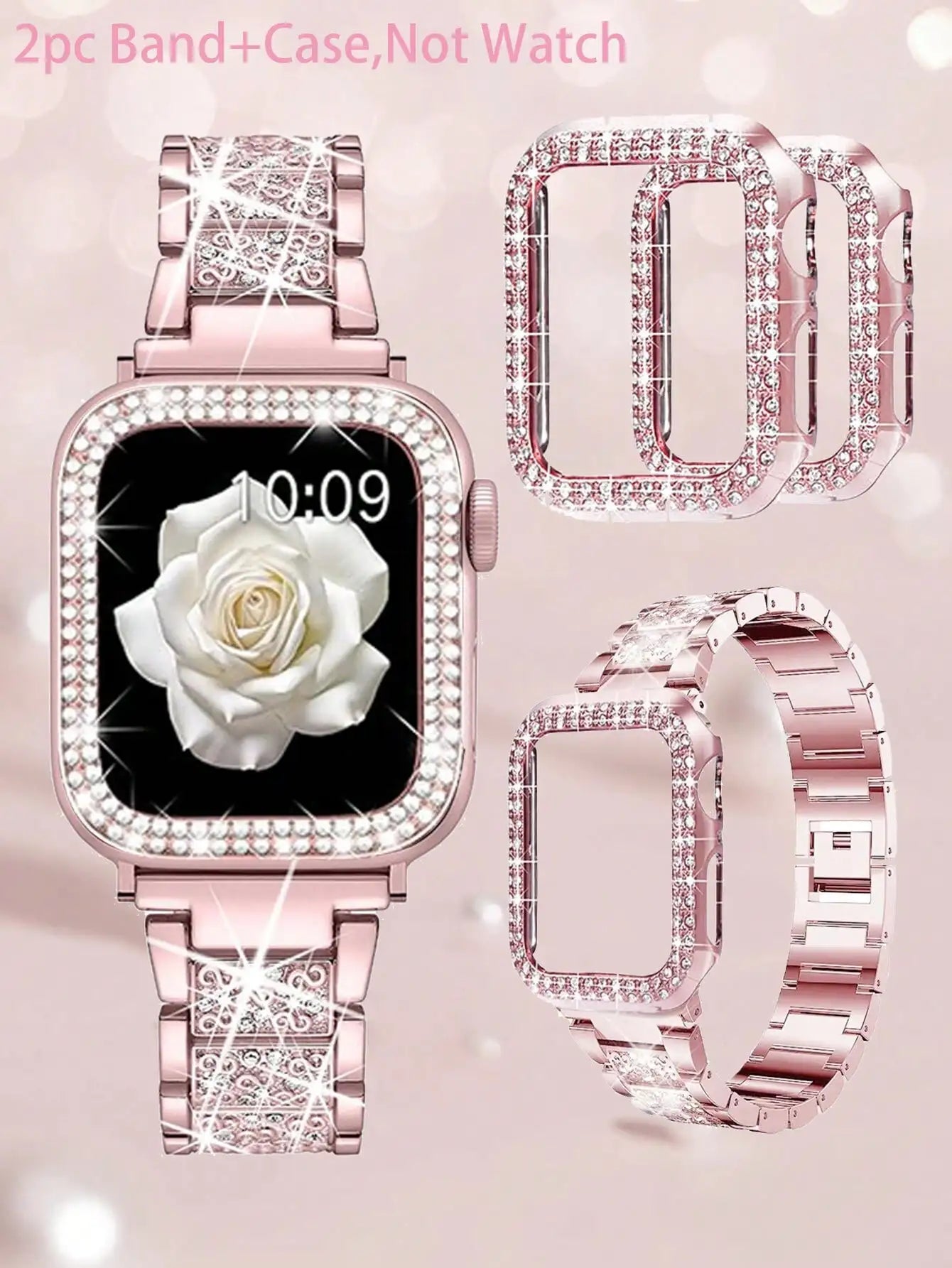 Pink Shiny Diamond Metal Strap & Bling Protective Case 2Pcs Set for Apple Watch, Women Luxury Jewelry Accessory, S(38/40/41) M(42/44/45/49) L(S10/S11 42) XL(S10/S11 46), Compatible with Ultra3/Ultra2/Ultra, SE3/SE2/SE, Series