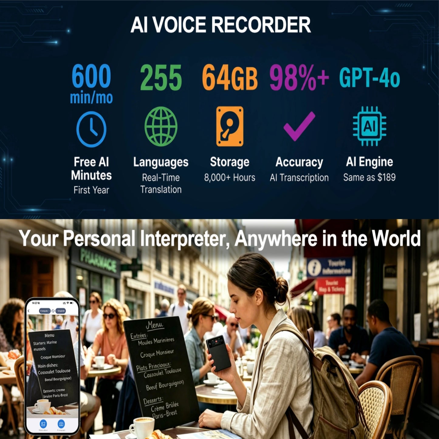 Smart AI Voice Recorder With Real-Time Translation 255 Languages Photo Translator Simultaneous Interpreter Transcription AI Summary Mind Map Note Taker for Meetings Lectures Travel 64GB