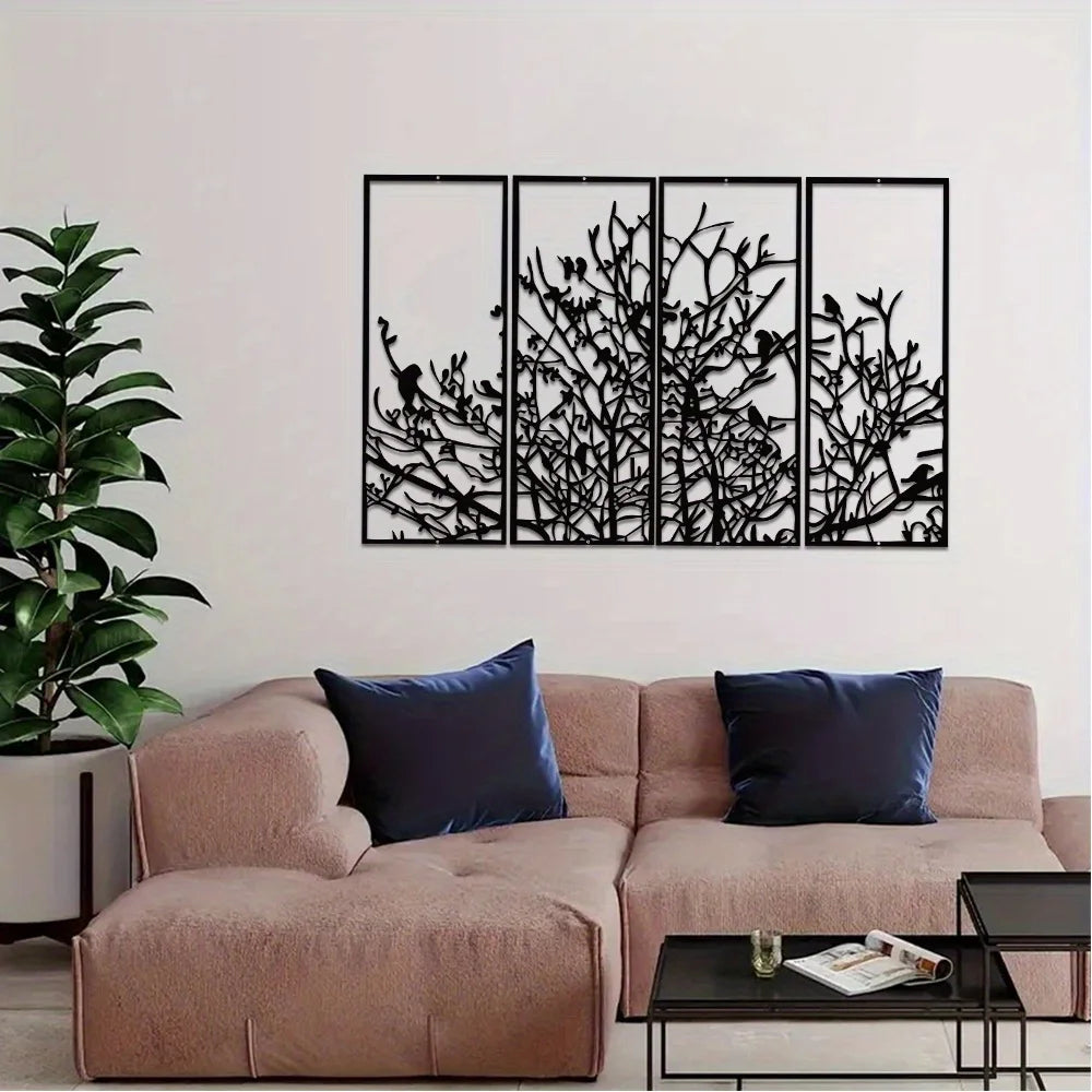 4 Panels Tree of Life Decor Mid-Century Tree Decor Large Black Unique Minimalist Home Decor Great Housewarming Perfect for Gift