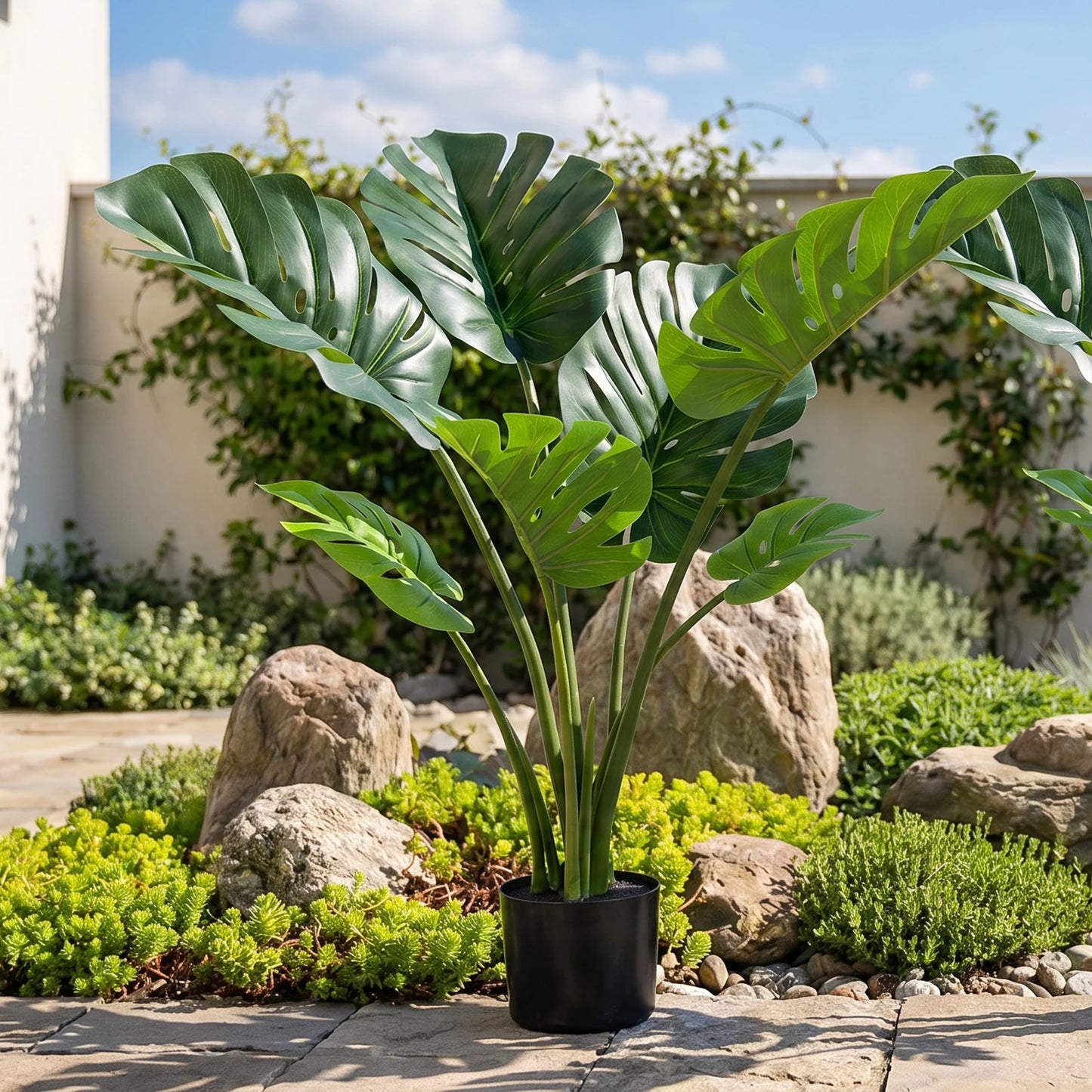 1/2PCS Artificial Monstera Deliciosa Tree, Fake Tropical Palm Plant with Pot, Faux Swiss Cheese Plant for Home Living Room Bedroom Office Decor, Indoor Outdoor Greenery Decoration