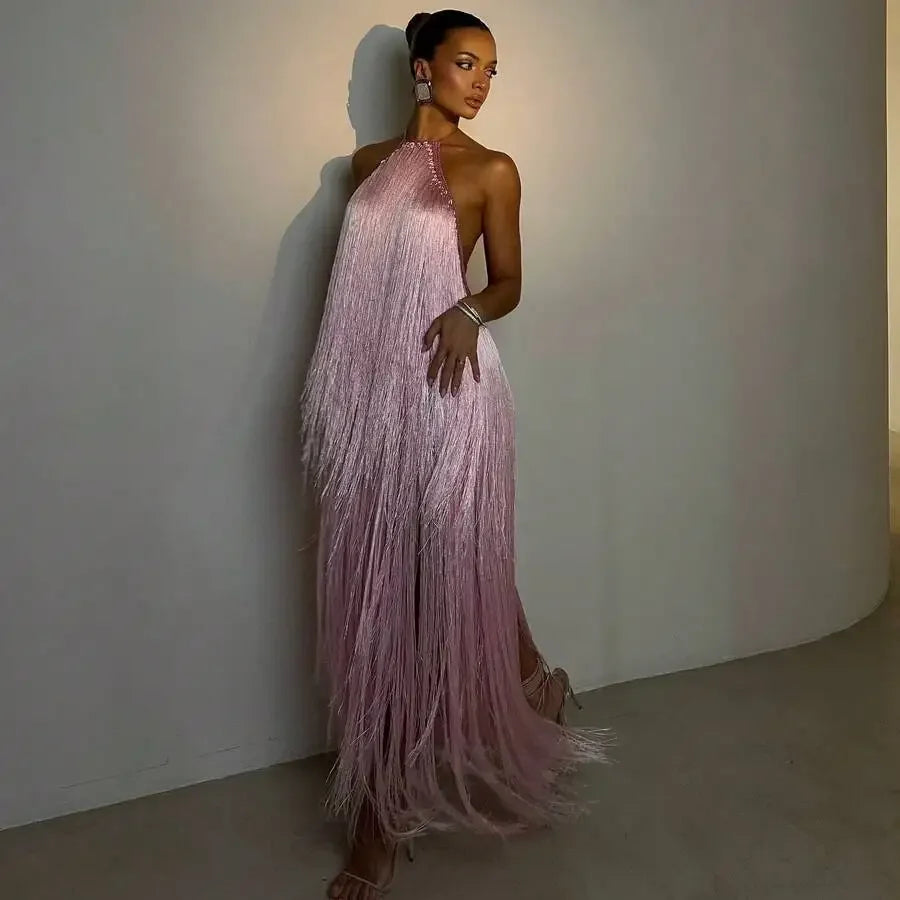 Halter Neck Backless Long Tassel Evening Gown For Women