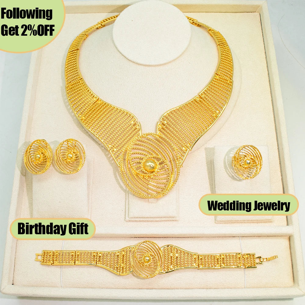 GZJPEI 4 Pcs/set Geometric Striped Jewelry Set 18K Gold Plated Hollow Out Design Jewelry For Women Birthday Gift 2026 Trendy