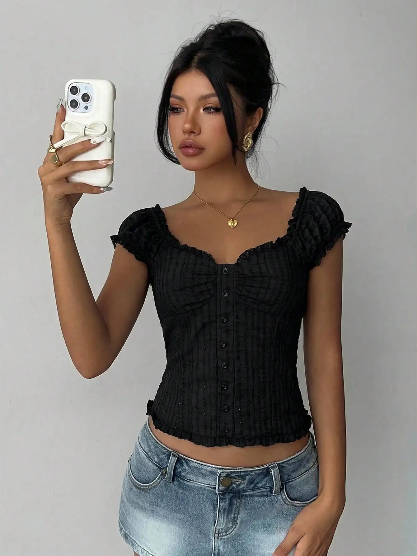 White Vintage Lace Trim Puff Sleeve Blouse For Women