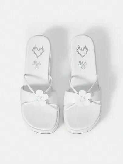 Elegant Black Wedge Slide Women, Flower Decor Sandals Vacation Summer Back To School College Student Shoes Spring