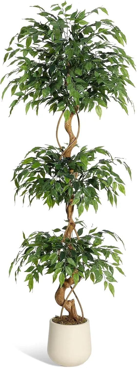 Artificial Ficus Tree 120/150/180cm with White Planter, Large Faux Weeping Fig with Curved Trunk and 1860 Silk Leaves, Lifelike Indoor Plant for Living Room Bedroom Office Decor, No Maintenance