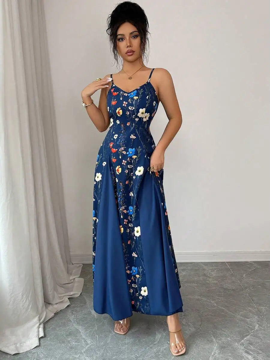 Womens V-Neck Floral Print Sleeveless Long Sundress Blue Casual Maxi Dress