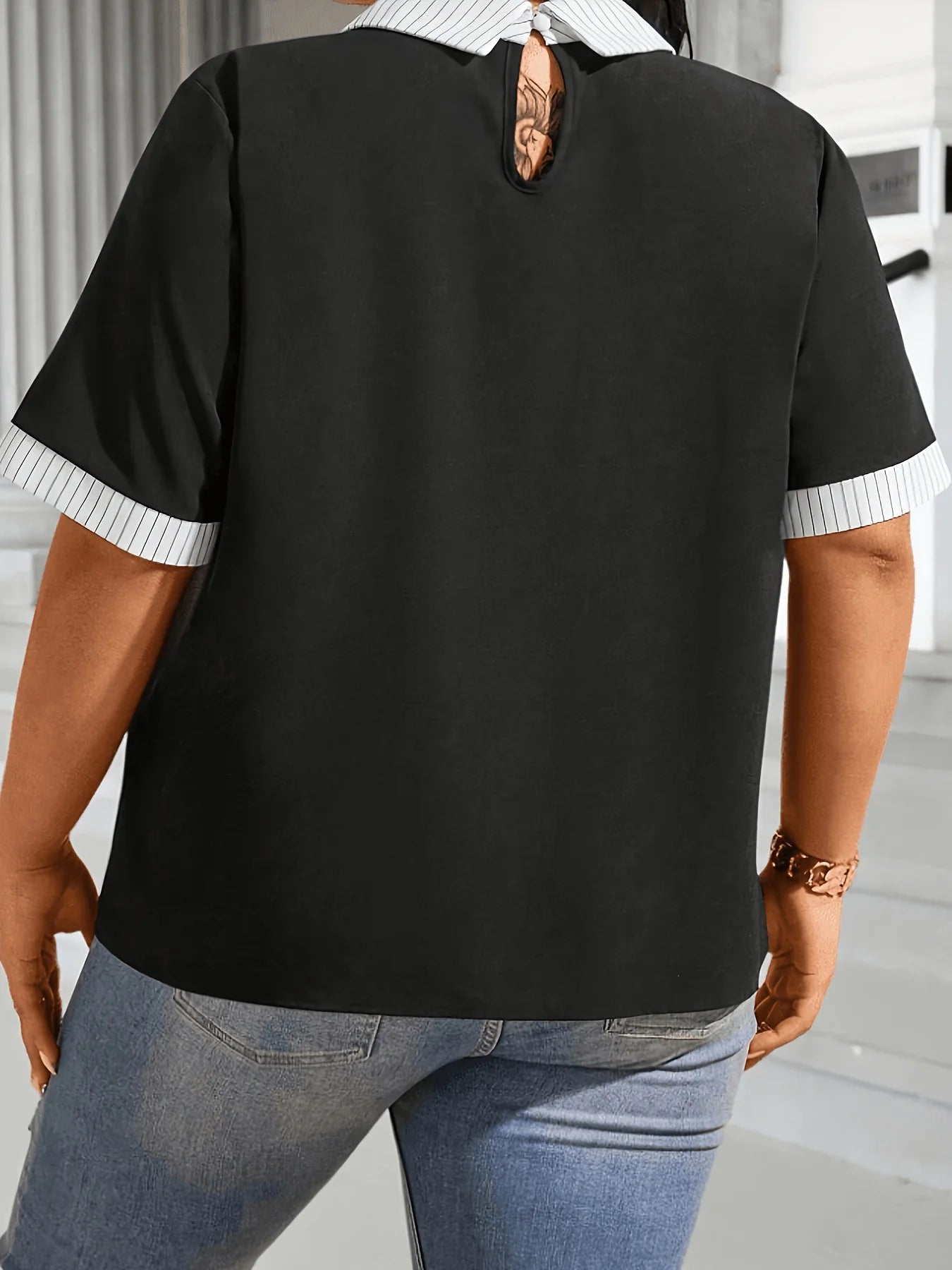 Plus size women's striped lapel spliced faux two-piece short sleeve shirt loose slimming V-neck commute top