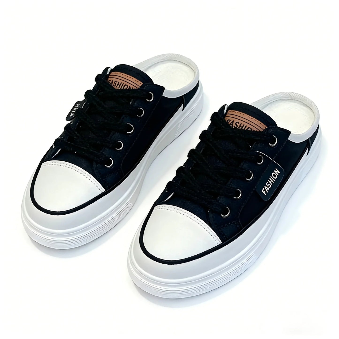 Platform Slip-On Backless Canvas Sneakers, Women's Casual Mule Shoes, Closed Toe Lace-Up Walking Footwear