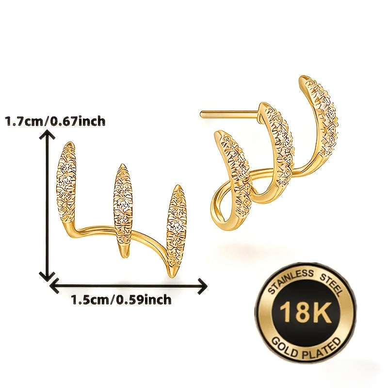 1 Pair 18K Gold Plated Three Claw Curved Hoop Earrings For Women Hypoallergenic Shiny Luxury Design Unique Style Perfect Gift For Daily Music Festival And Multiple Occasions