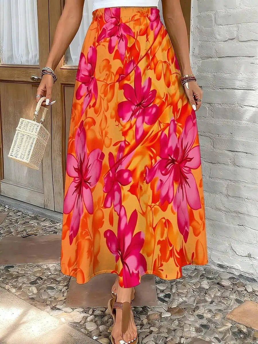 Womens Floral Print Maxi Skirt Elastic Waist Flowy A-Line Long Skirt With Pockets Boho Casual Summer Skirt