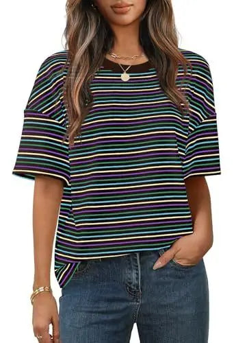 Women T-shirt Round Neck Color Block Stripe Print Daily Casual Loose Fit Soft Fabric Summer Basic Short Sleeve Tops