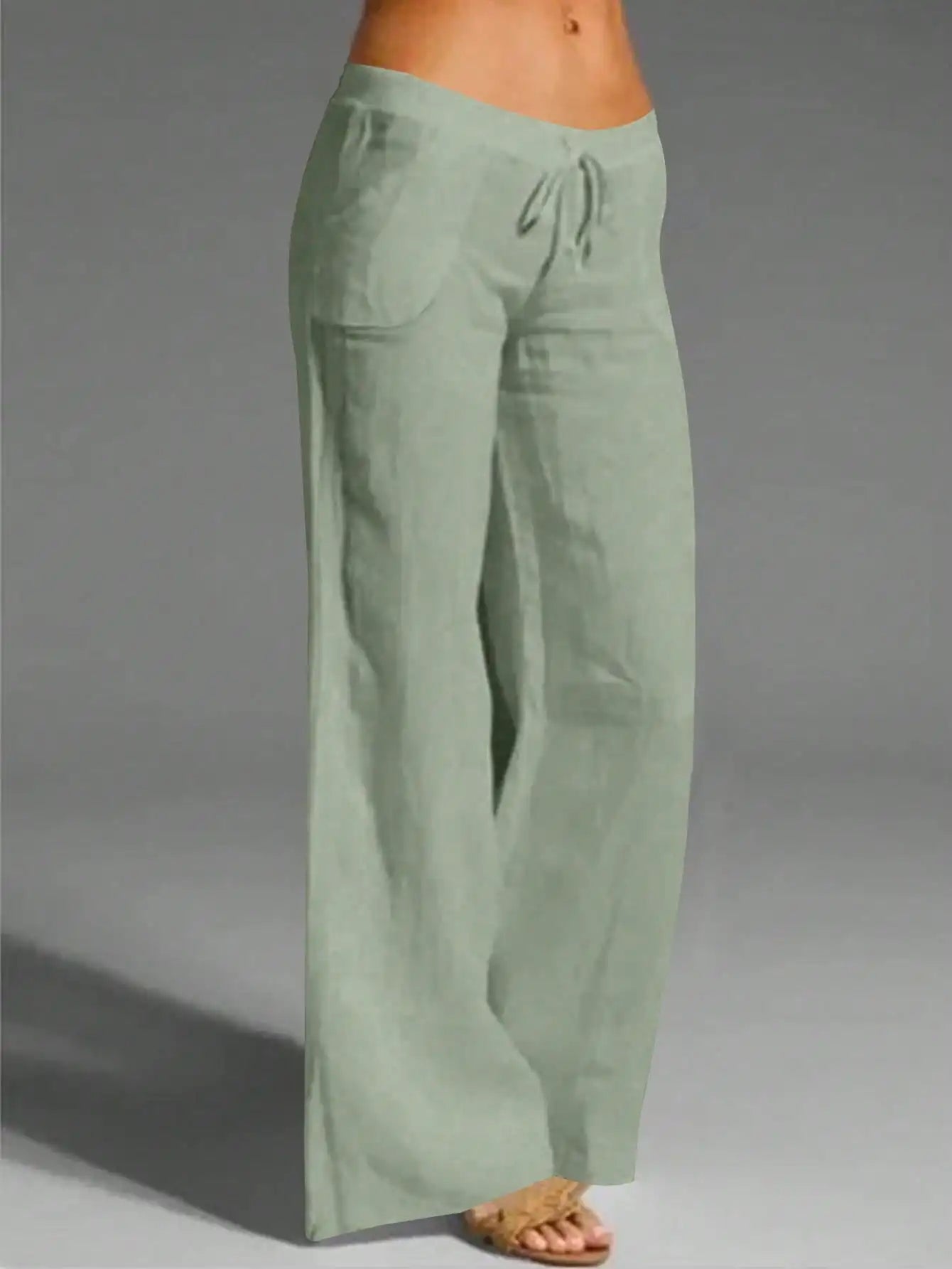 Casual Solid Drawstring Waist Wide Leg Pants For Women