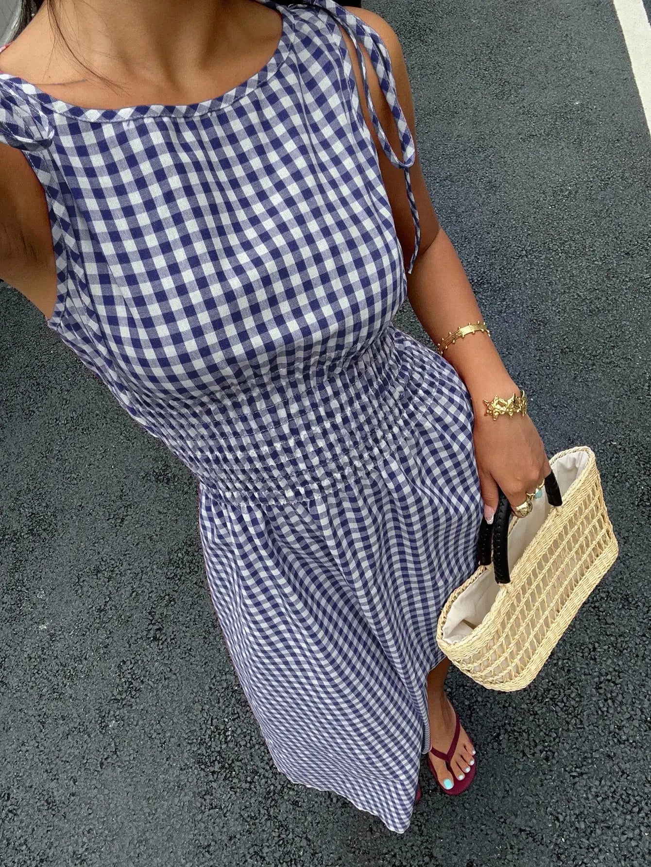 Blue Striped Midi Dress With Smocked Waist, Tie-Shoulder Detail, And Flowy Fit For Casual, Beach, Or Party Occasions