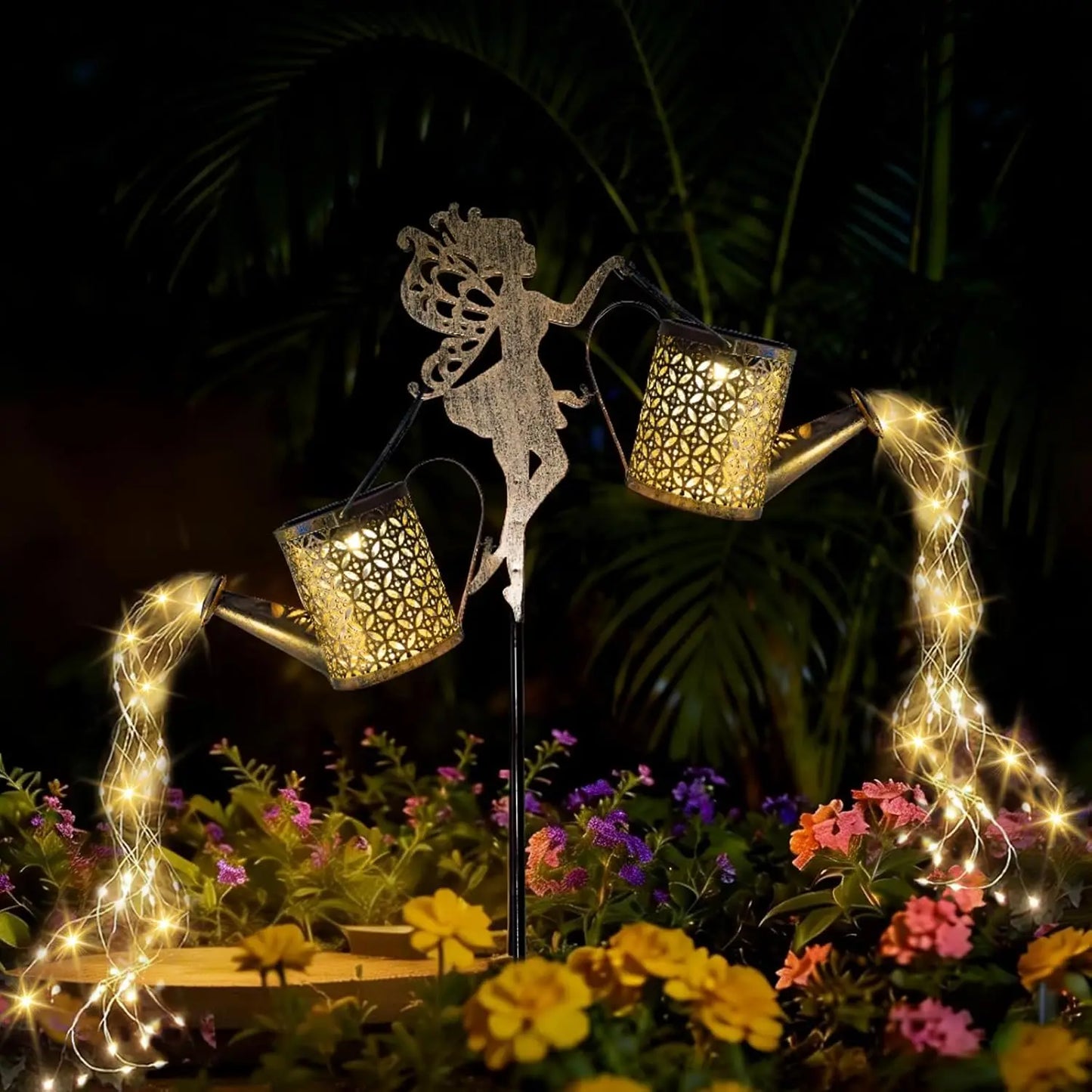2PCS solar watering pot lights, outdoor garden lights, garden plant decorations, solar waterproof retro metal strip light brackets, suitable for terrace and walkway lighting decoration, and can also be used as garden gifts
