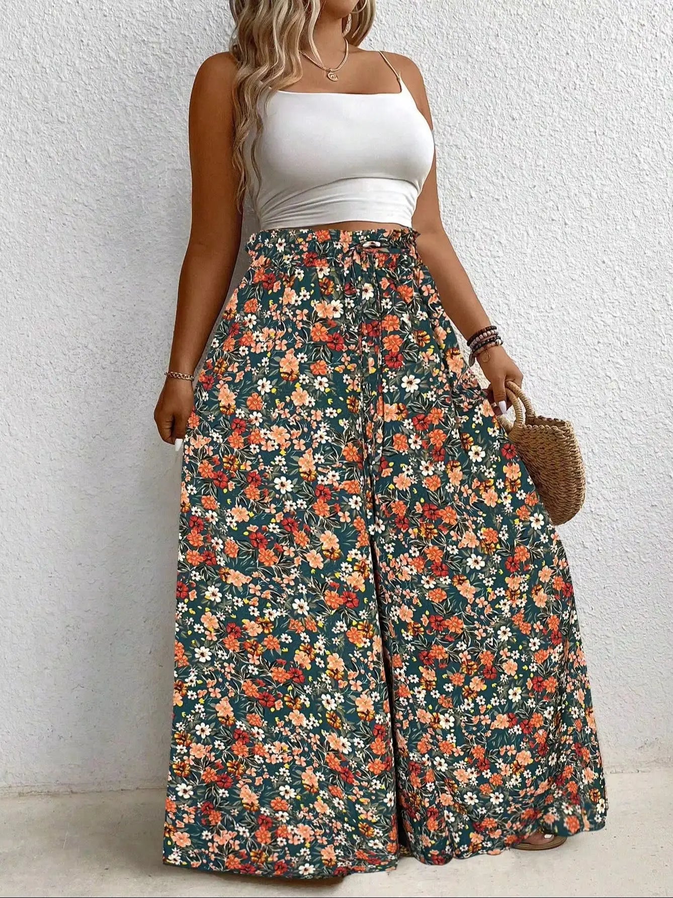 Plus Size Women's Clothing Loose Comfortable Commuting Casual Style Summer Printed Long Pants Elastic Waist Drawstring Draped Wide Leg Pants