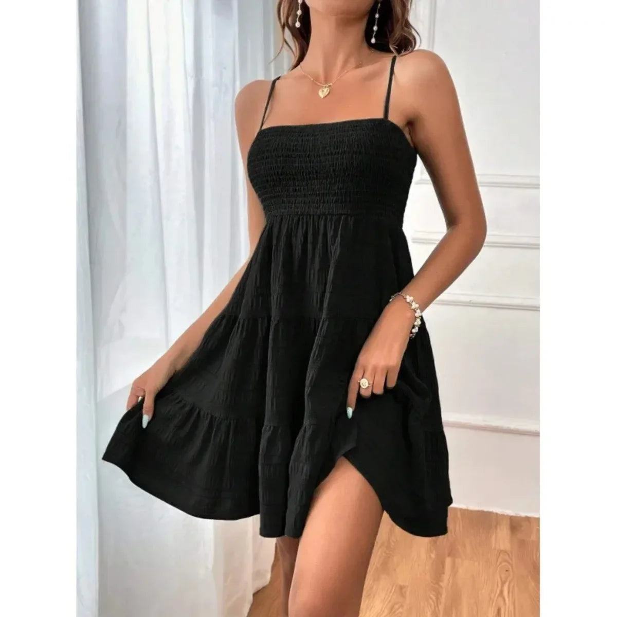 Women's Fashion Cami Ruched Strapless Mini Dress, Blue Ruffled Layered Hem, Summer Casual Off-Shoulder Thin Straps, Solid Color Versatile Textured Vacation Beach Dress