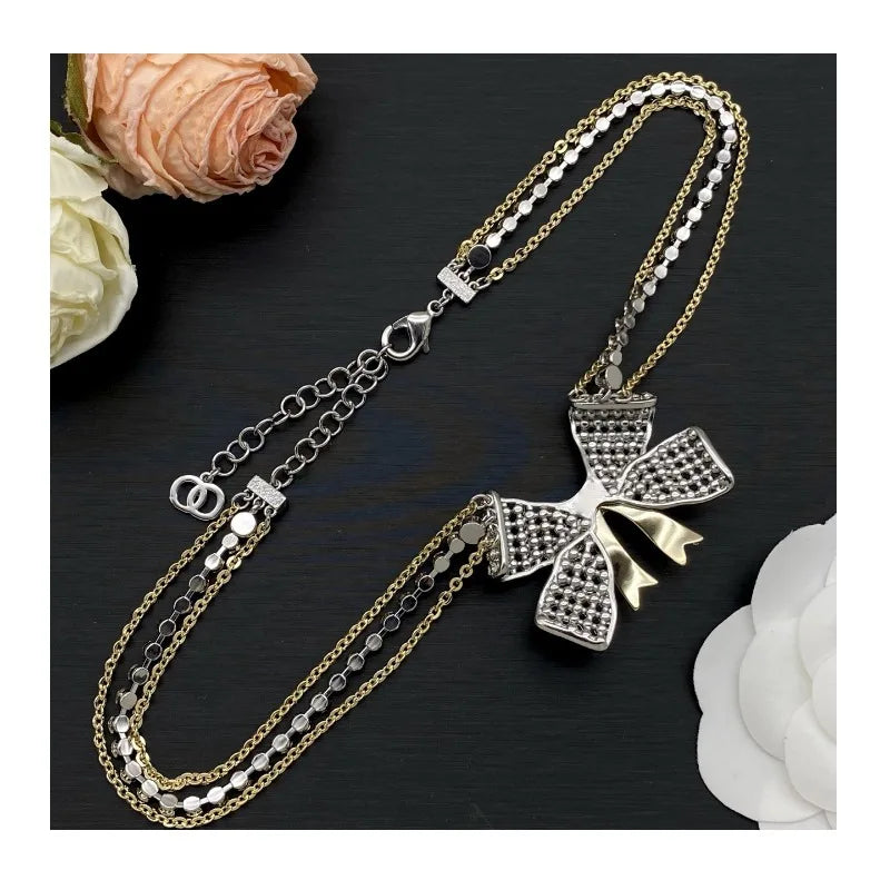 New Bow Diamond Necklace Double Letter Light Luxury High-end Necklace Women