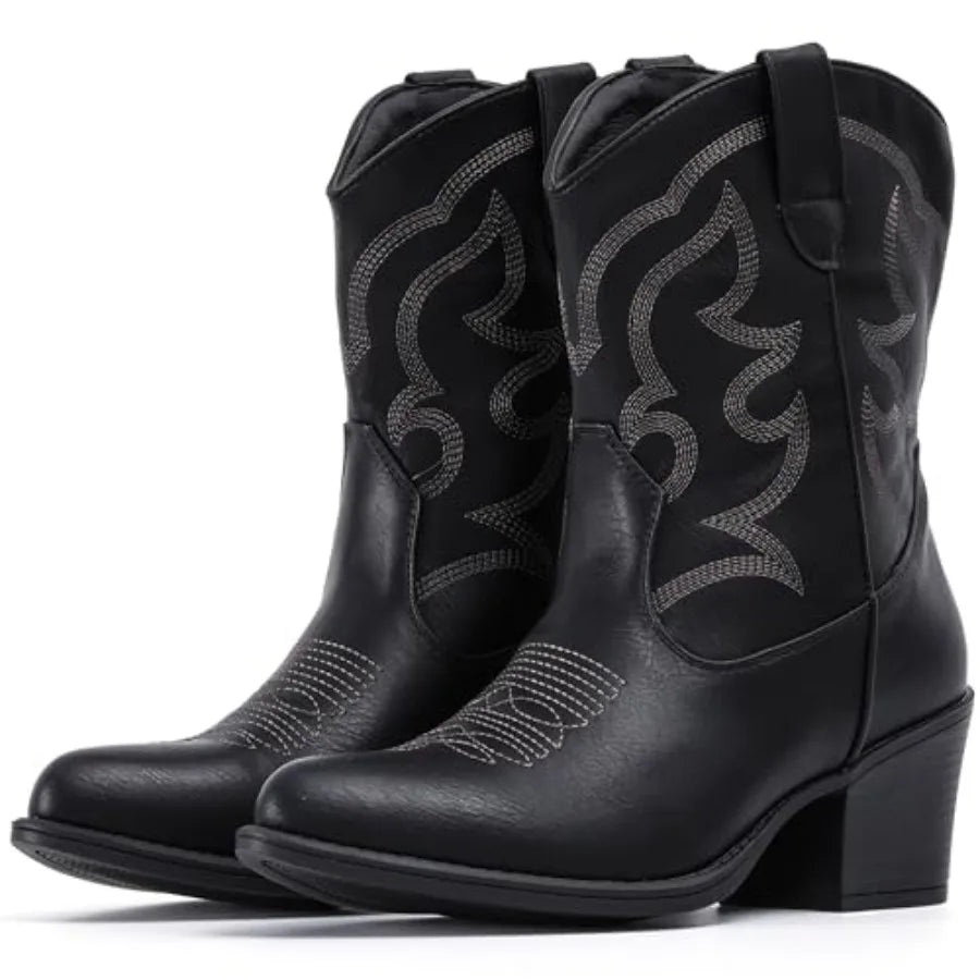 IXU Cowboy Boots for Women Wide Suede Ankle Western Cowgirl Boots Mid Calf Pointed Toe Short Chunky Classic Booties