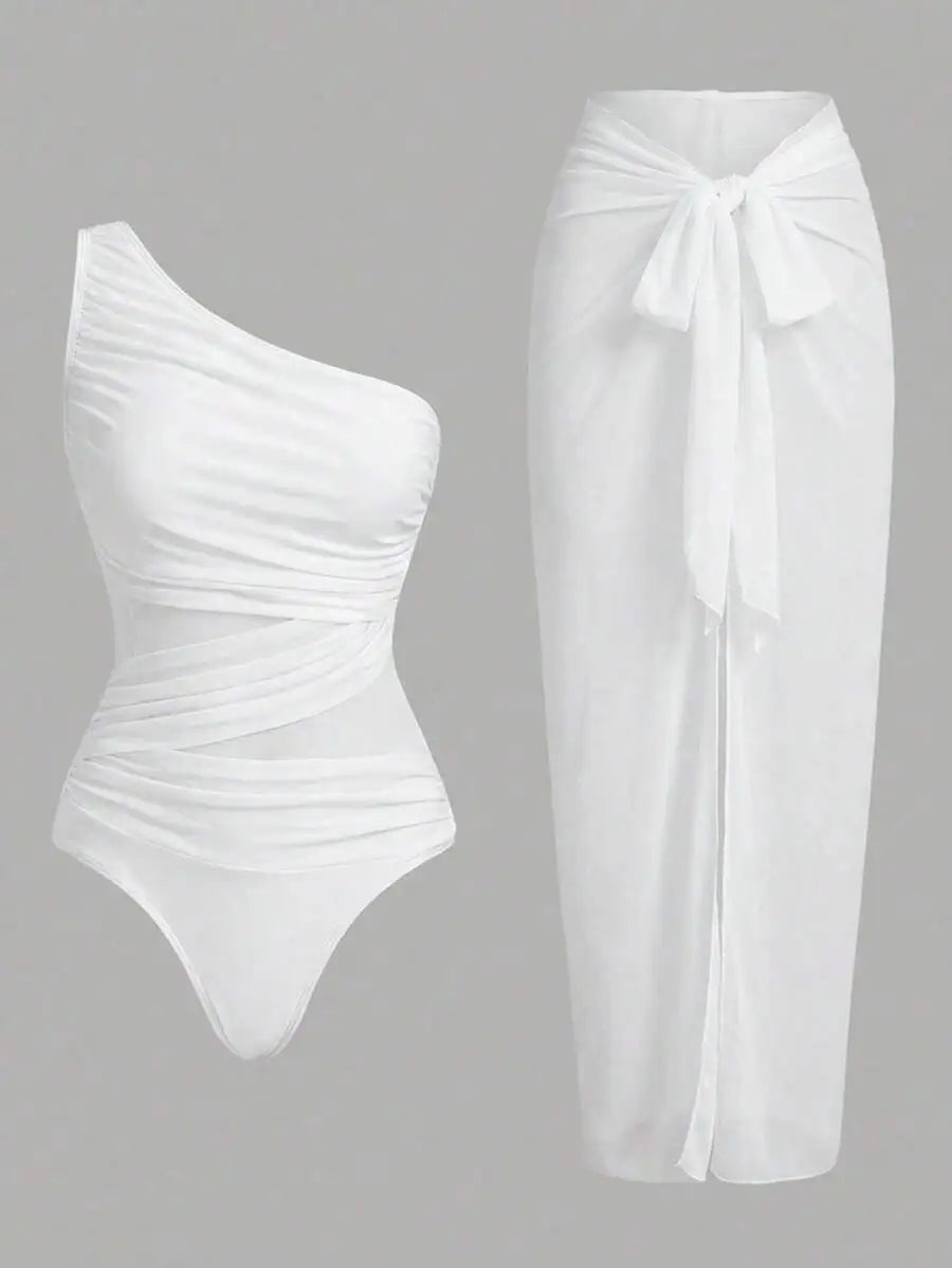 One Piece Ruched Swimsuit With Sarong Cover Up For Women Summer Beach