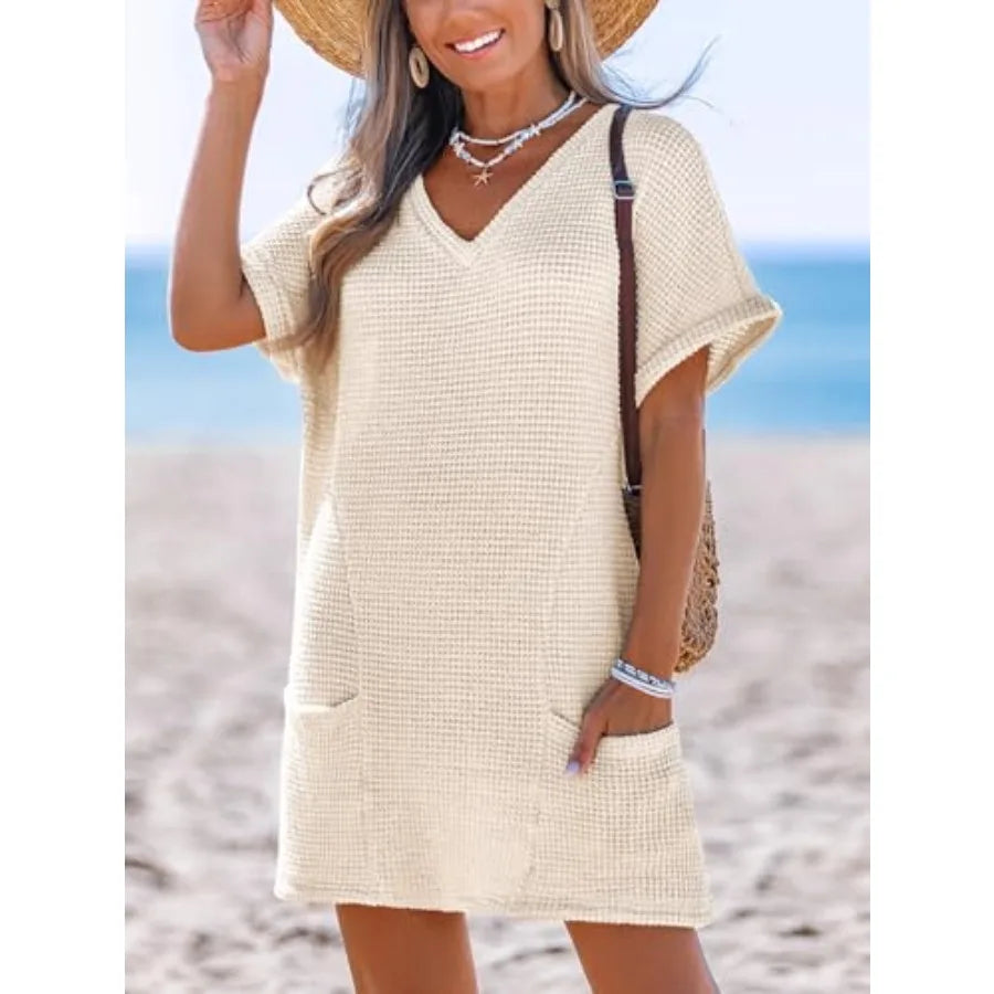 CUPSHE Swimsuit Coverup for Women Waffle Knit V Neck Short Sleeve Beach Coverup Dress with Pockets