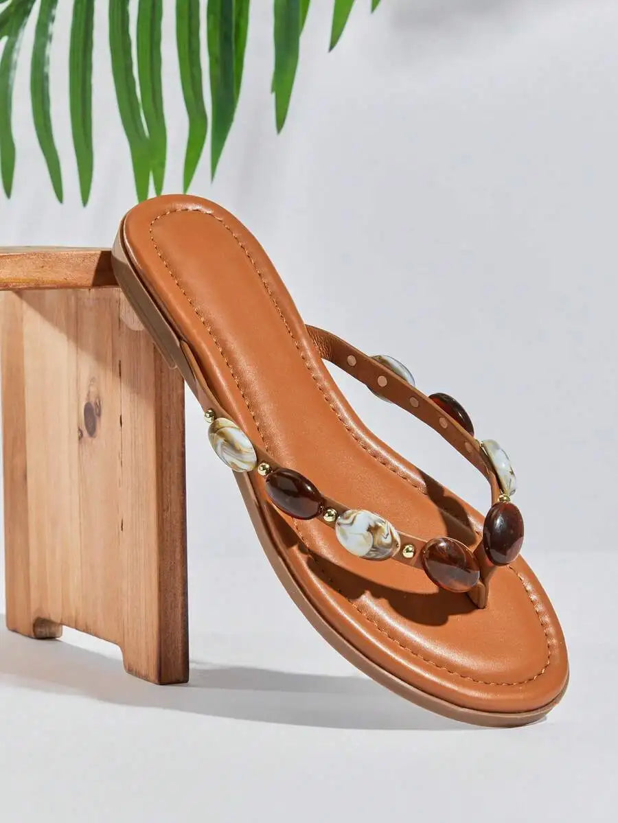 Women's Gemstone Decor Thong Flat Sandals, Punk Chic Edgy Design, Fashion Comfy Summer Casual Shoes