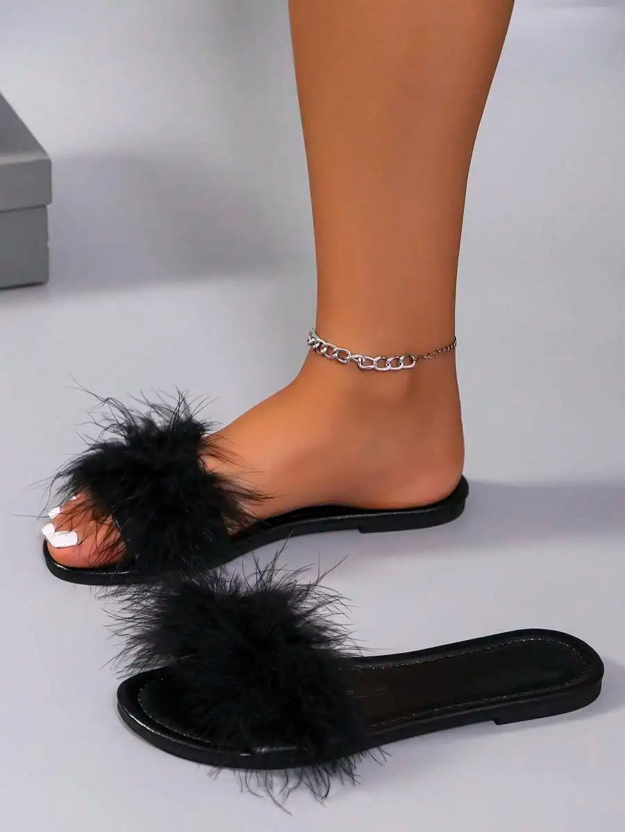 Women Open Toe Flat Faux Fur Slip-On Sandals Comfortable Elegant For Casual Dress Party