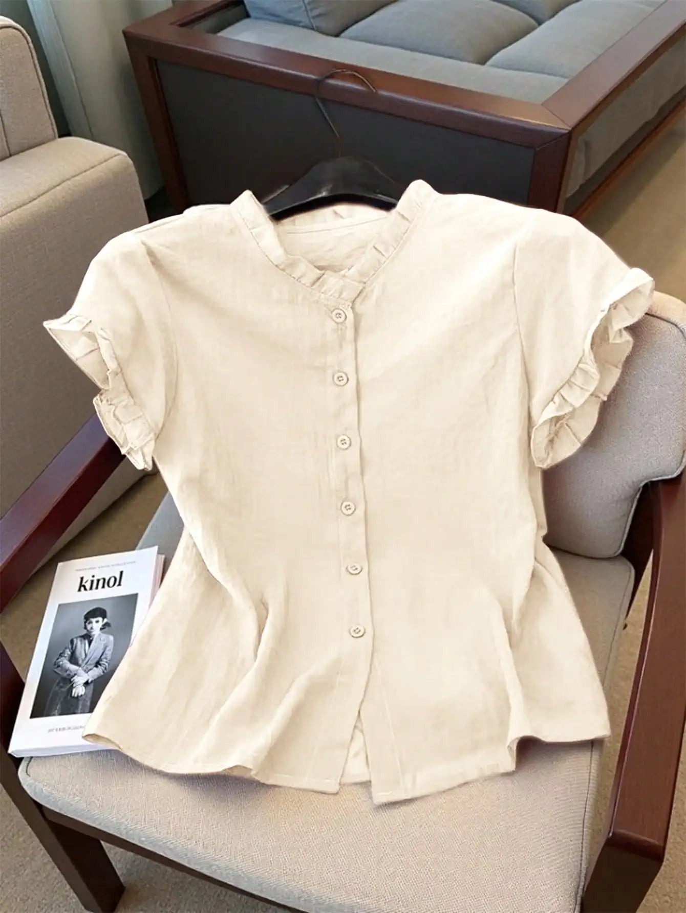 Women's Casual Pink Ruffled Collar Short Sleeve Button Up Blouse