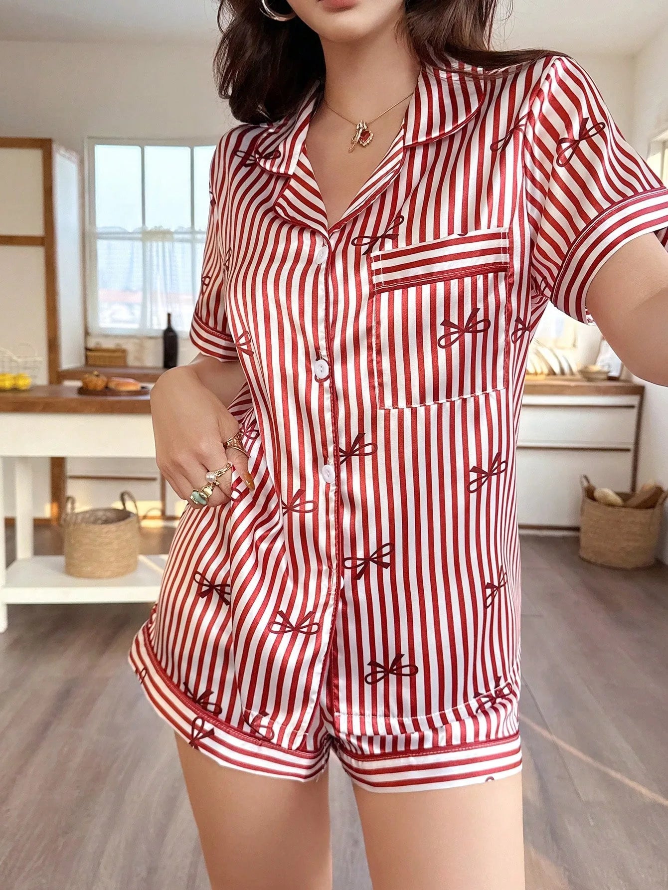 Faux Silk Striped Bow Tie Pajama Set | Lapel Short Sleeve Shorts Women Summer Light Sleepwear
