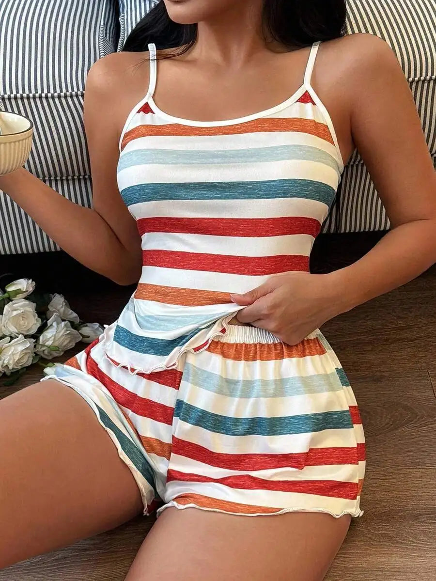 Womens Striped Camisole And Shorts Pajama Set Casual Summer Sleepwear
