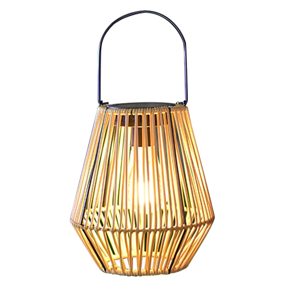 Outdoor Solar Lantern IP65 Waterproof with Handle Solar Hanging Lantern Light Rattan Bamboo Lamp for Yard Garden Home Decoration