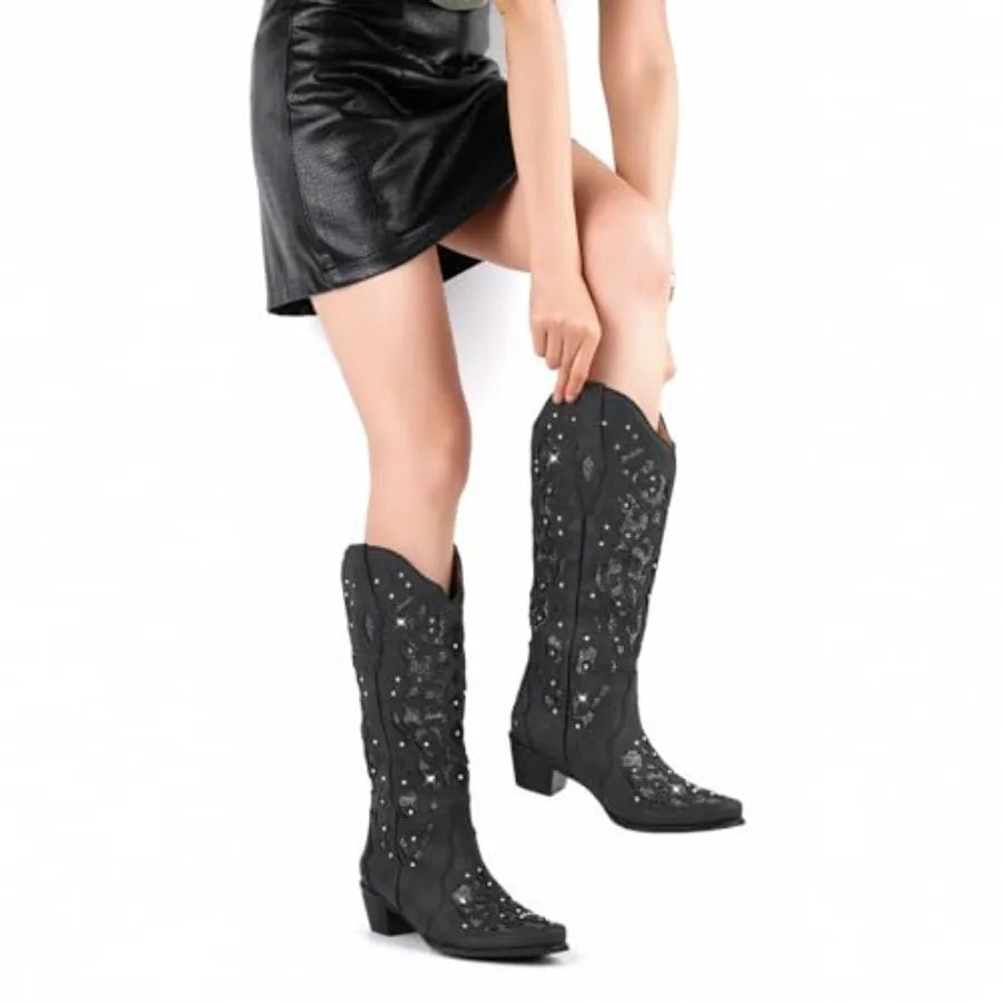 Western Mid Calf Cowboy Cowgirl Boots Sparkly Rhinestone Bling Cowboy Boots for Women