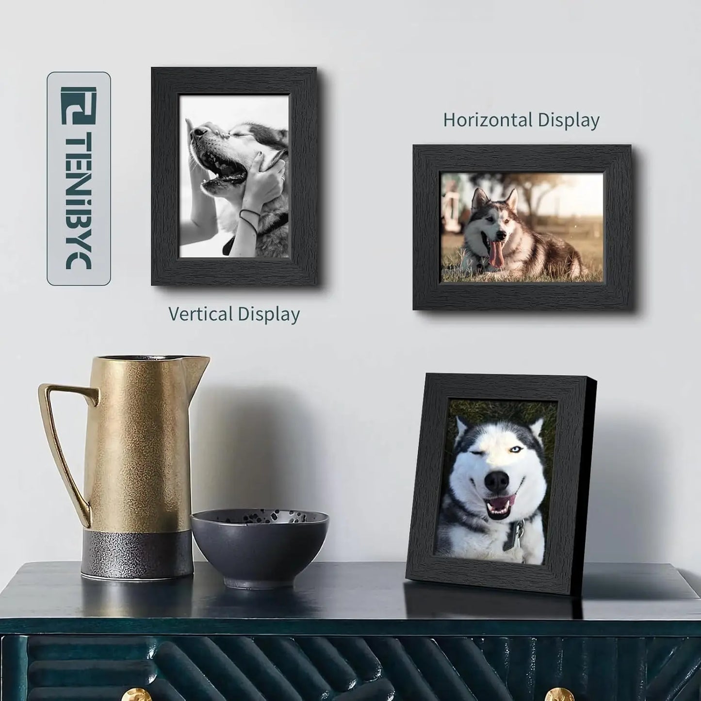 5x7 Picture Frame 3-Pack, Black Woodgrain, Solid Wood & Tempered Glass, Wall or Table Display