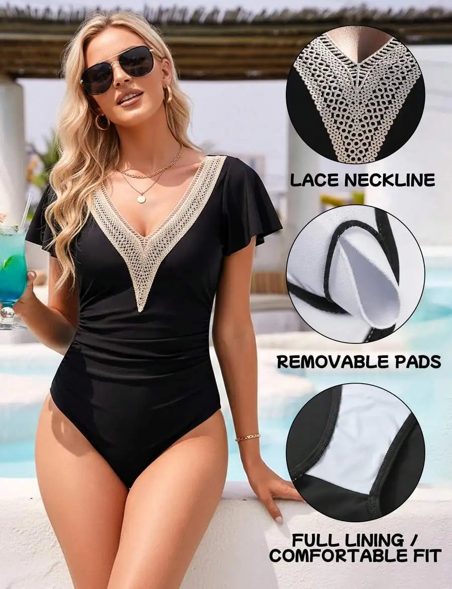 Women Lace V Neck One Piece Swimsuit Slimming Monokini Beach Pool Vacation Swimwear