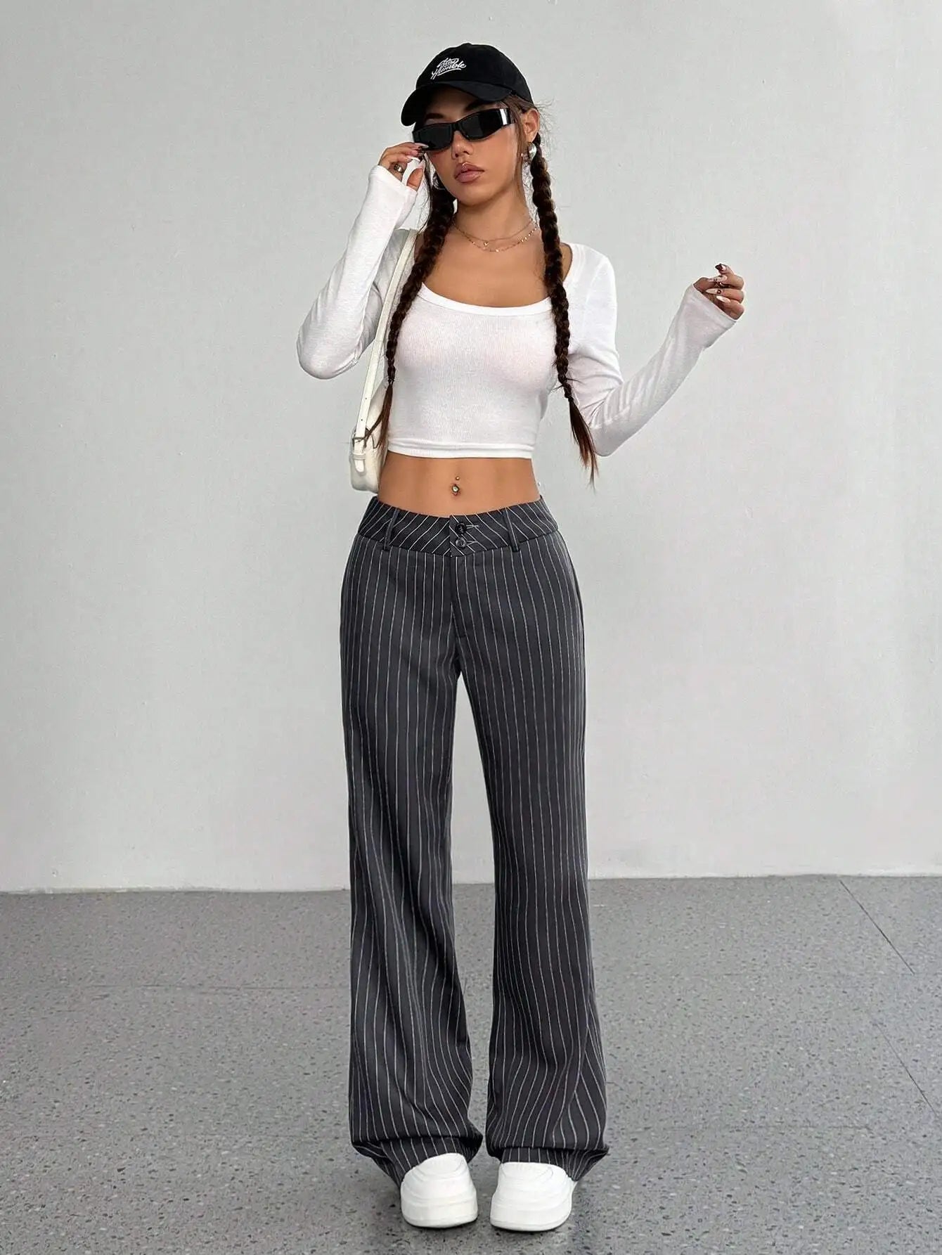 Women's Casual Striped Flare Pants High Waist Wide Leg Trousers