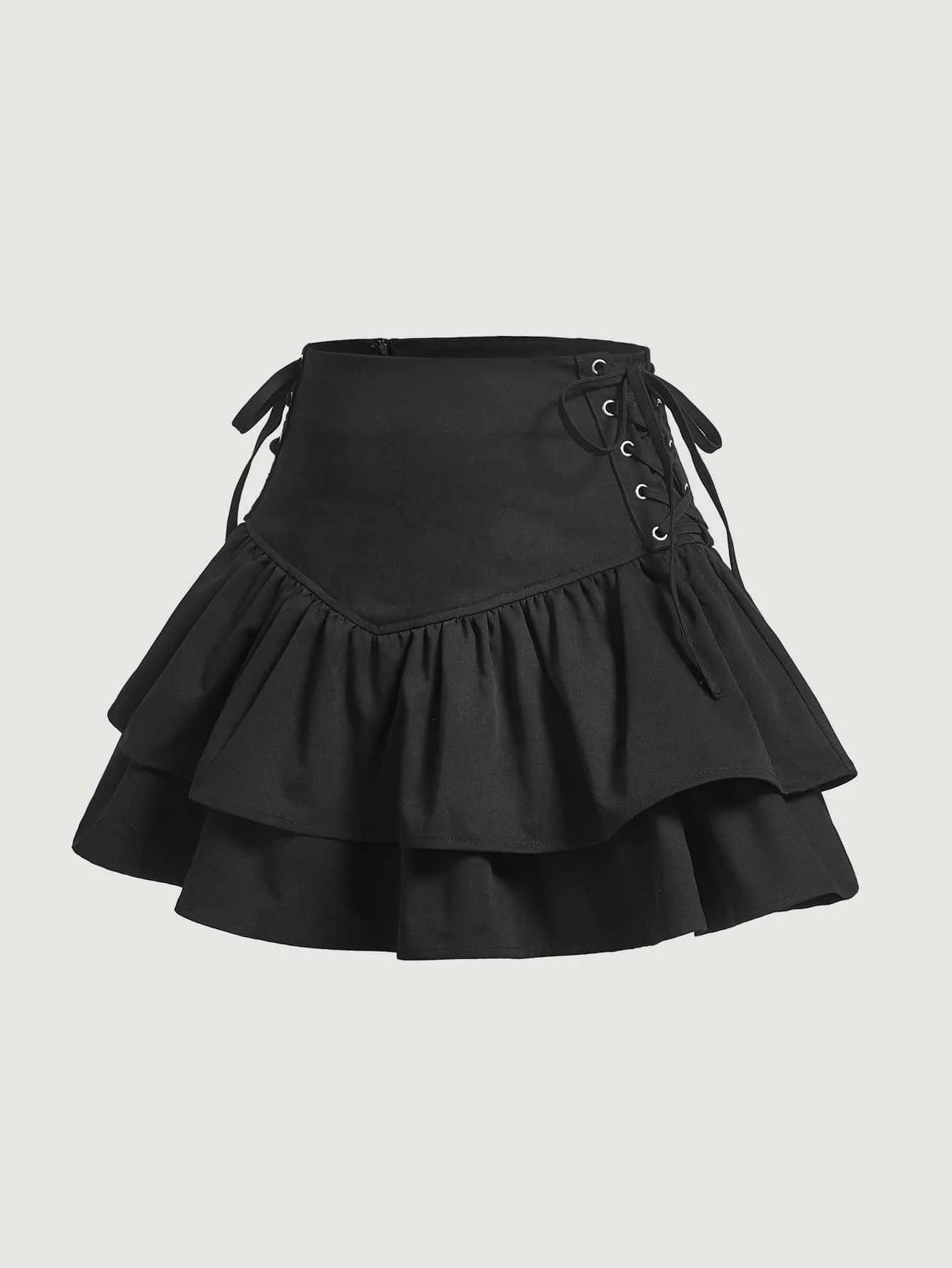 Women Solid Lace Up Side Ruffle Hem Mini Skirt For Summer