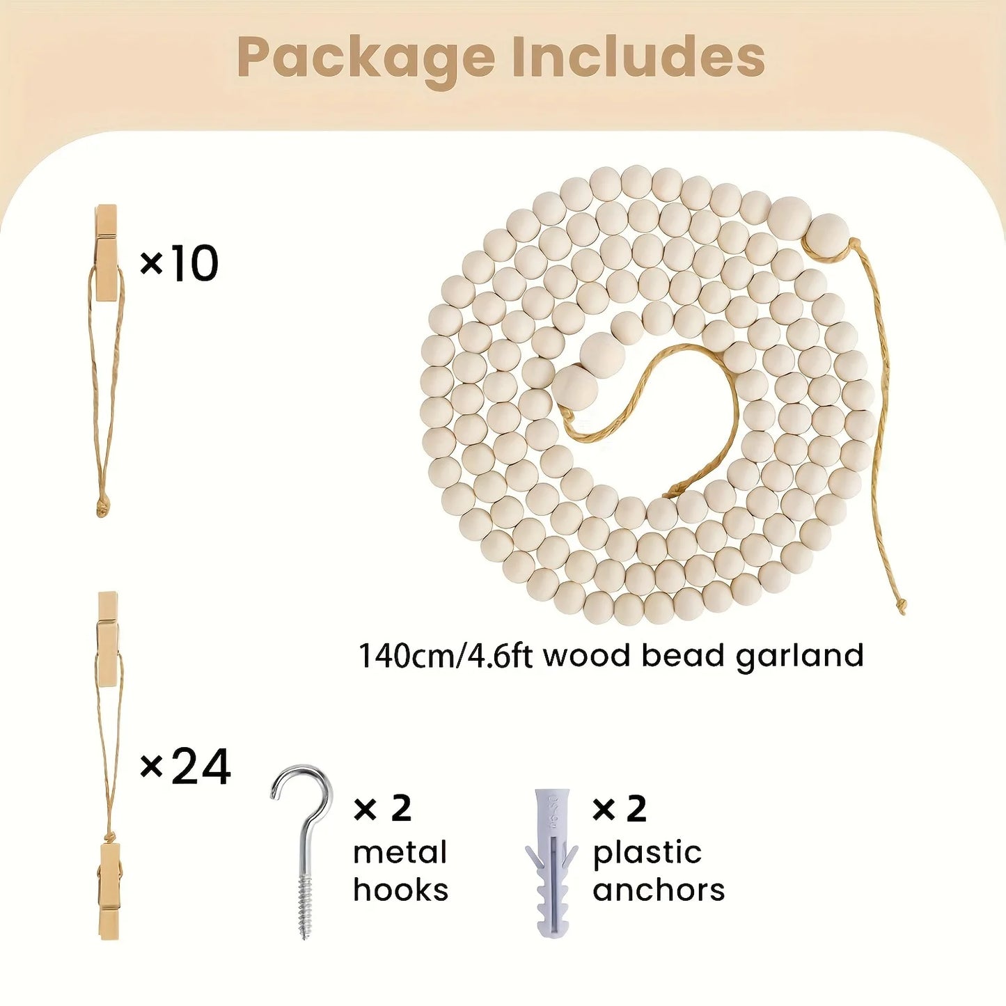 Hanging Photo Display Wooden Bead Garland Boho Wall Hanging for Bedroom Living Room Dorm Party Decor Teen Girl Gifts