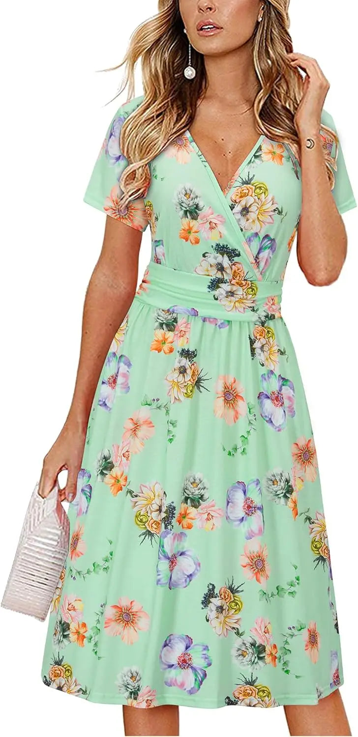 Women's Summer Wrap A-Line Midi Dress with Pocket and V-Neck