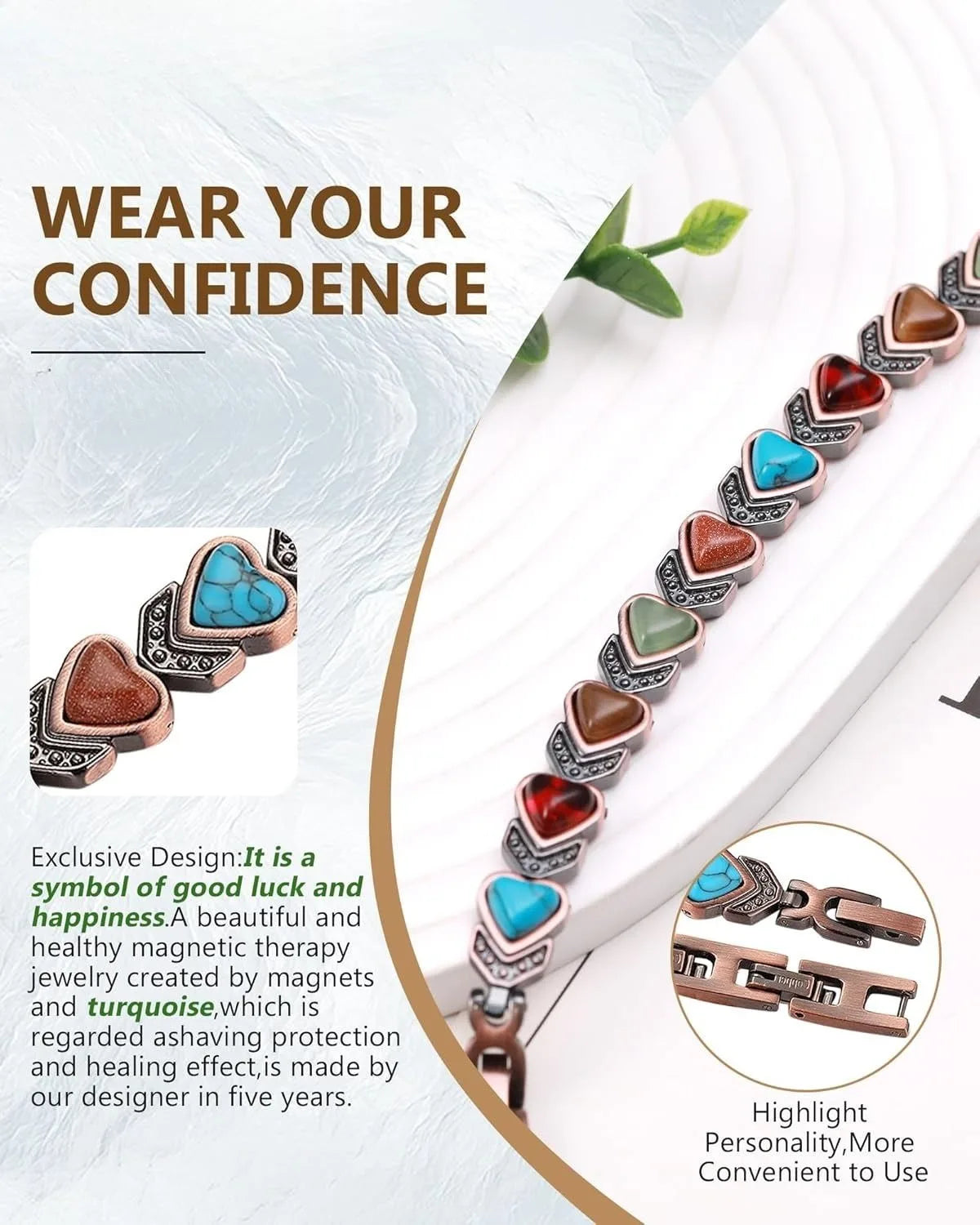Pure Copper Bracelets for Women, Ultra Strength Magnetic Bracelet with 3800 Gauss Magnets & Natural Turquoise & Stones, Adjustable, Jewelry Gift