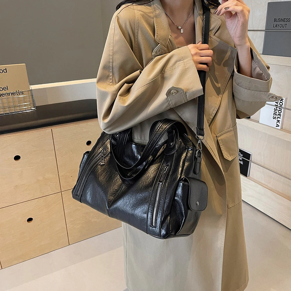 Tote Bag PU Leather with Zipper Shoulder Bag for Women with Multi-Pockets Messenger Bag Retro Handbag for Work Travel