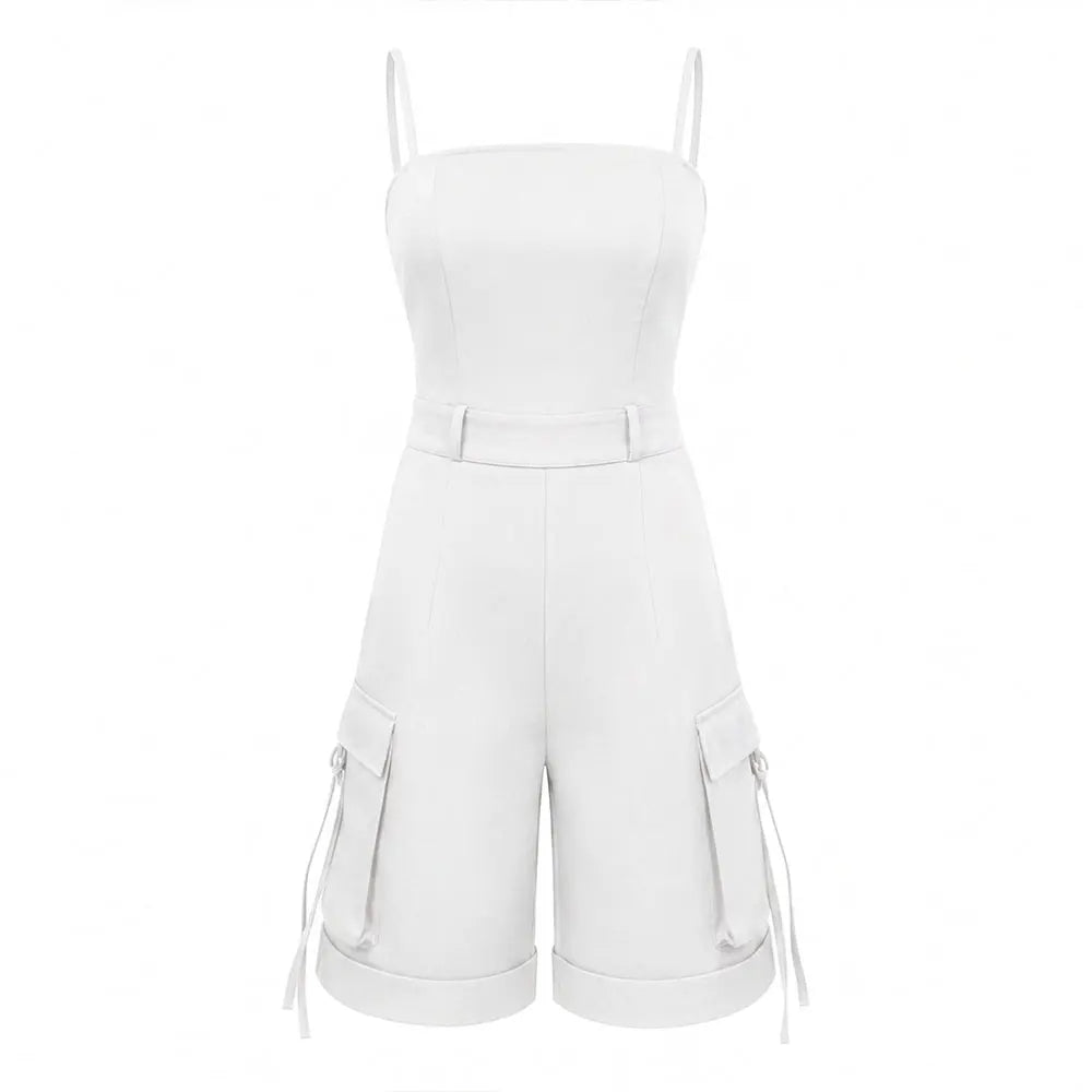 GLOURI Women's Summer Spaghetti Strap Romper with Cargo Pockets, Casual Loose Fit One Piece Short Jumpsuit, White Leisure Outfits for Weekend Vacation Beach Trip