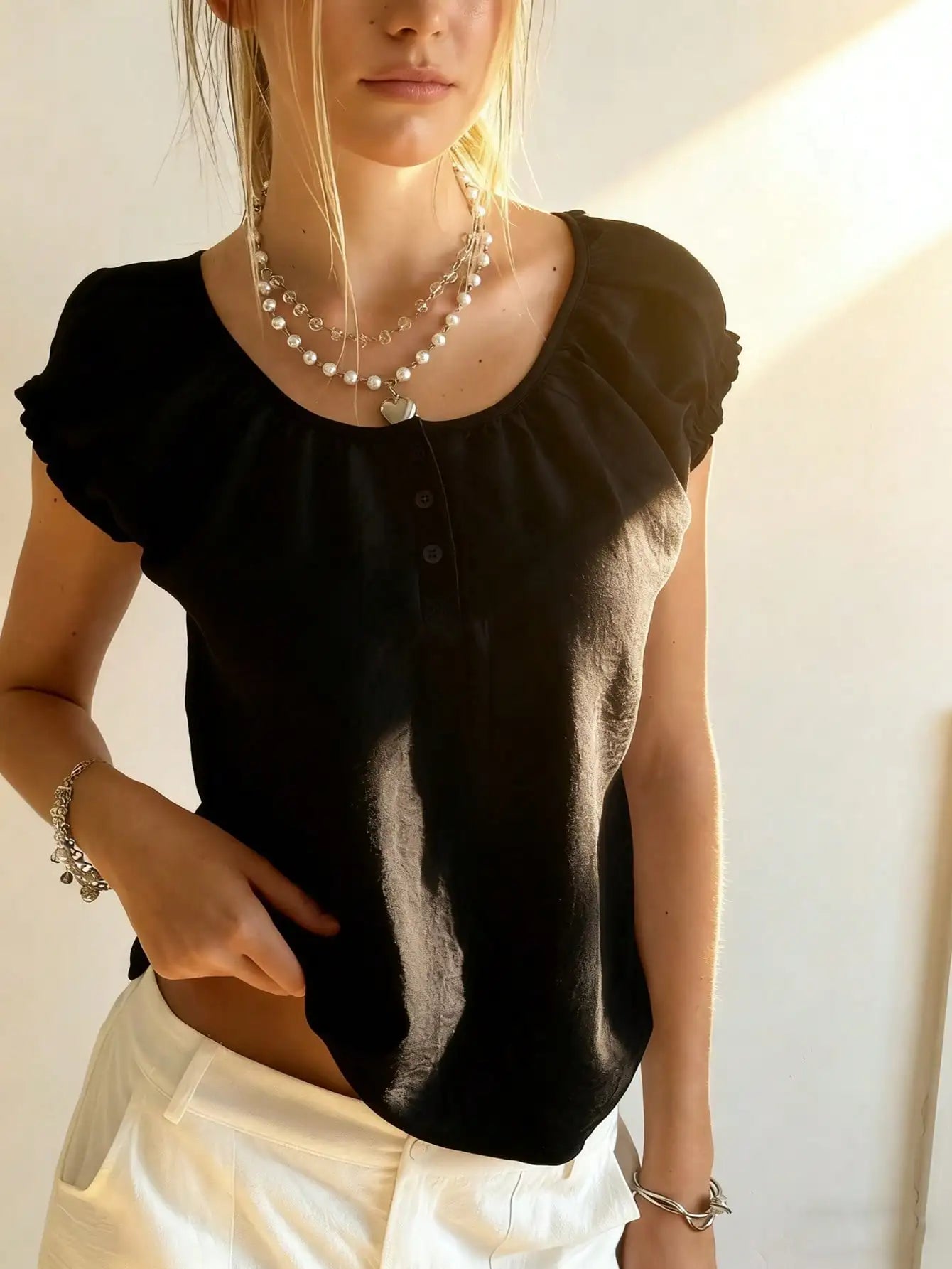Women's Ruffled Sleeve Half-Open Neck Button Top